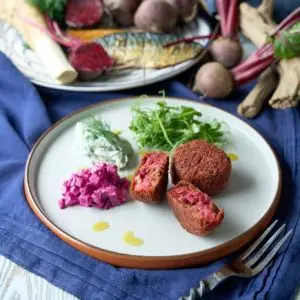 Fishcakes handmade from smoked mackerel with earthy beetroot and a peppery horseradish lift