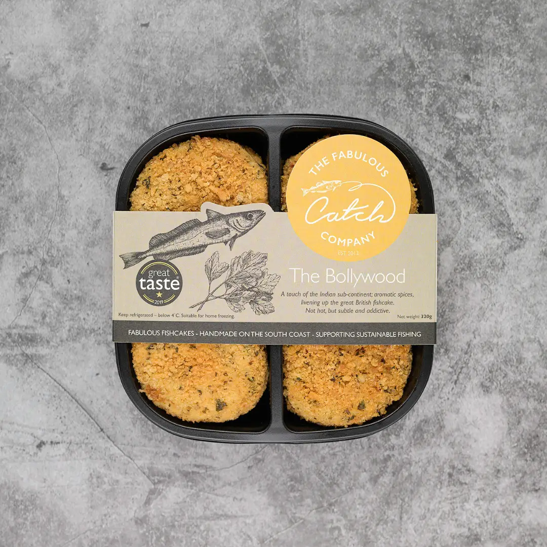 Four Bollywood fishcakes in packaging